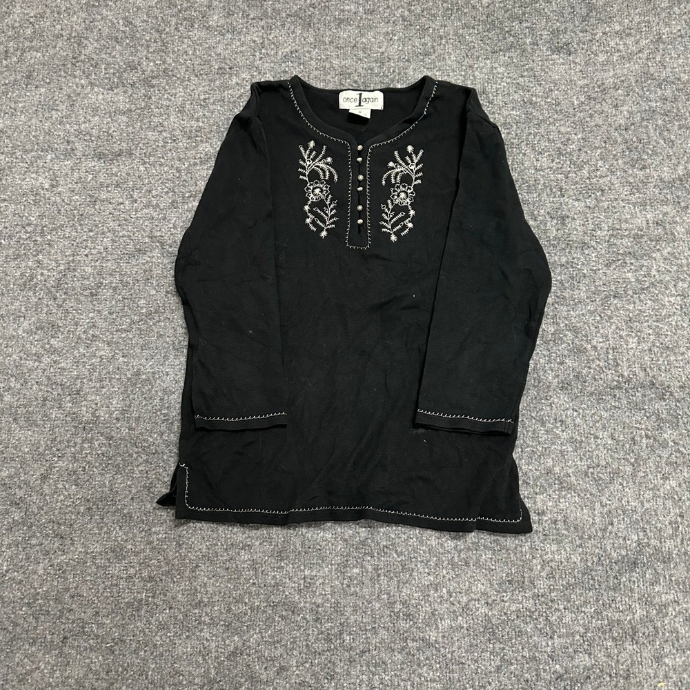 Once 1 Again Top Womens Size M Black Cotton Floral Embroidered Henley LS